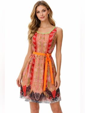 Tahari Sleeveless Paisley Print Fit & Flare Dress with Neon Trim & Orange Belt